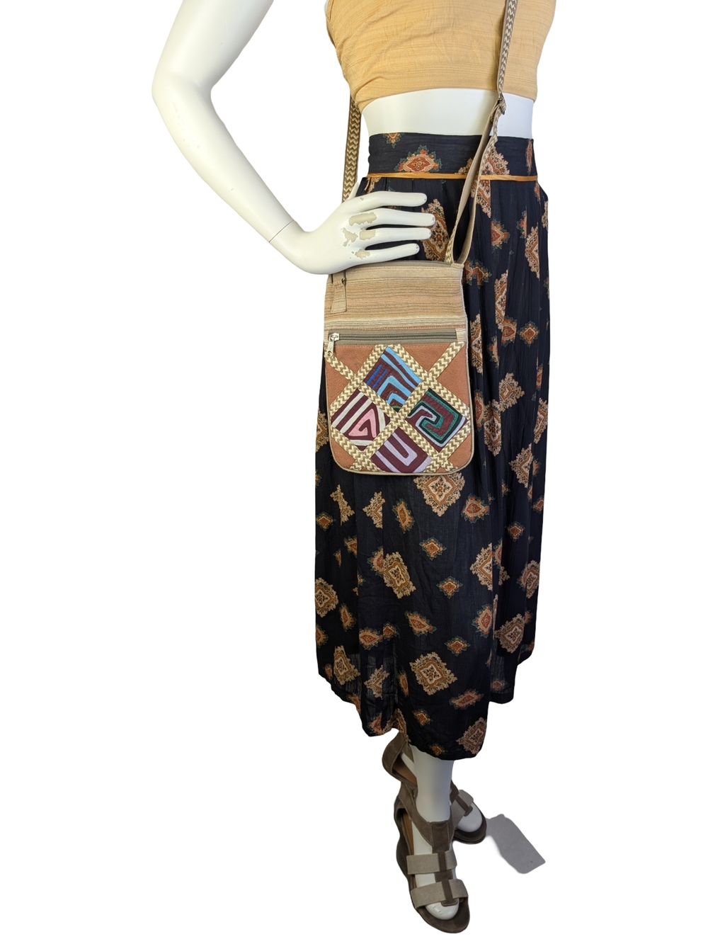Vintage 90s Black Medallion Print Boho Midi Skirt High Waist Size 14 - Picture 7 of 8